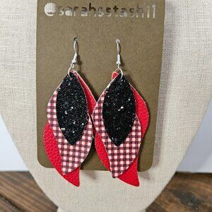 FAUX Leather Earrings, between 2.5" and 3.5" NWT, Christmas Blk/Red